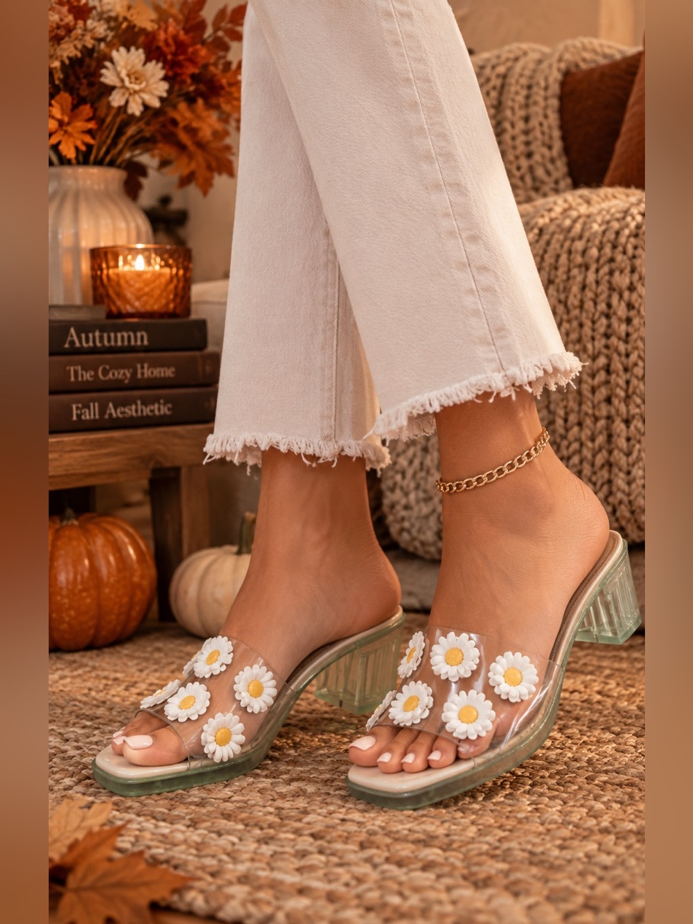 QUPID Y2K White Jelly Daisy floral heel slides Sandals size 7